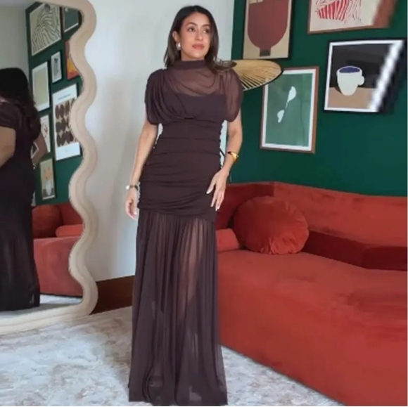 Zara Brown Draped Maxi Dress with Sheer Skirt - Picture 3 of 16